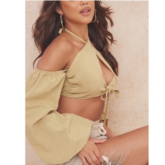 NWT PrettyLittleThing Olive Linen Feel Halter Lace Up Fringe Detail Top - Picture 3 of 6